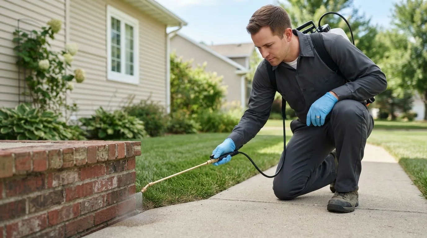 Pest control technician treating a home near Mcleansboro, IL